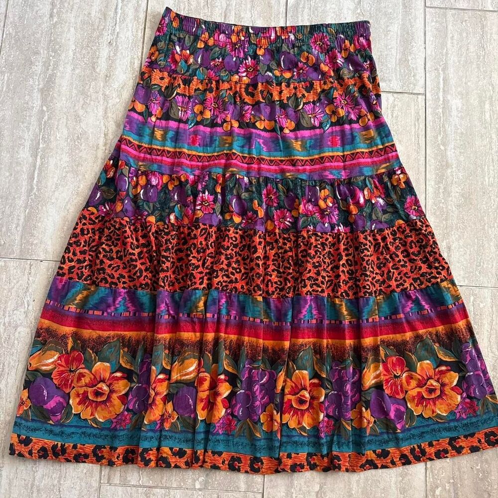 Vintage 90s Hippie Boho Tiered Maxi Skirt Sz S Floral Animal print Maximalist